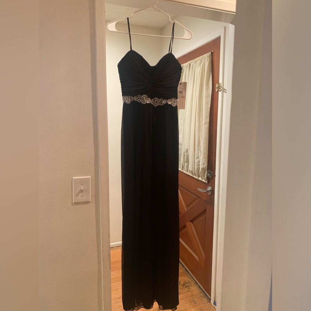 David’s Bridal Black Chiffon Gown with Rhinestone waistband